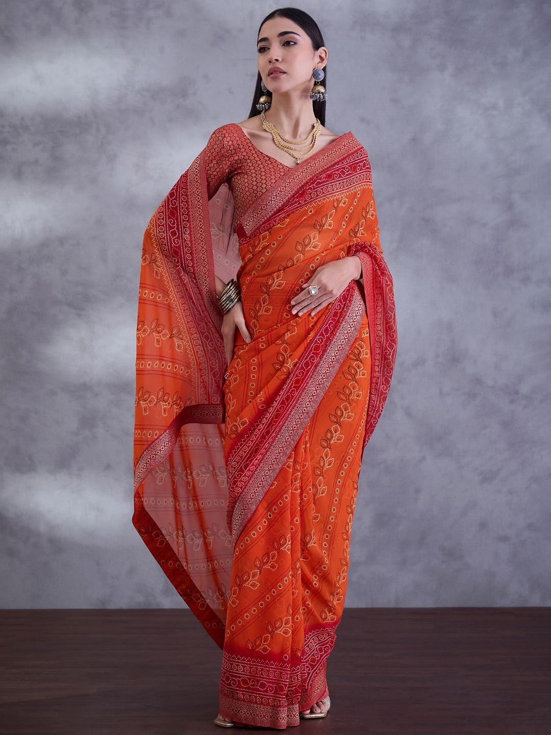 

Mitera Bandhani Zari Pure Georgette Bandhani Saree, Orange