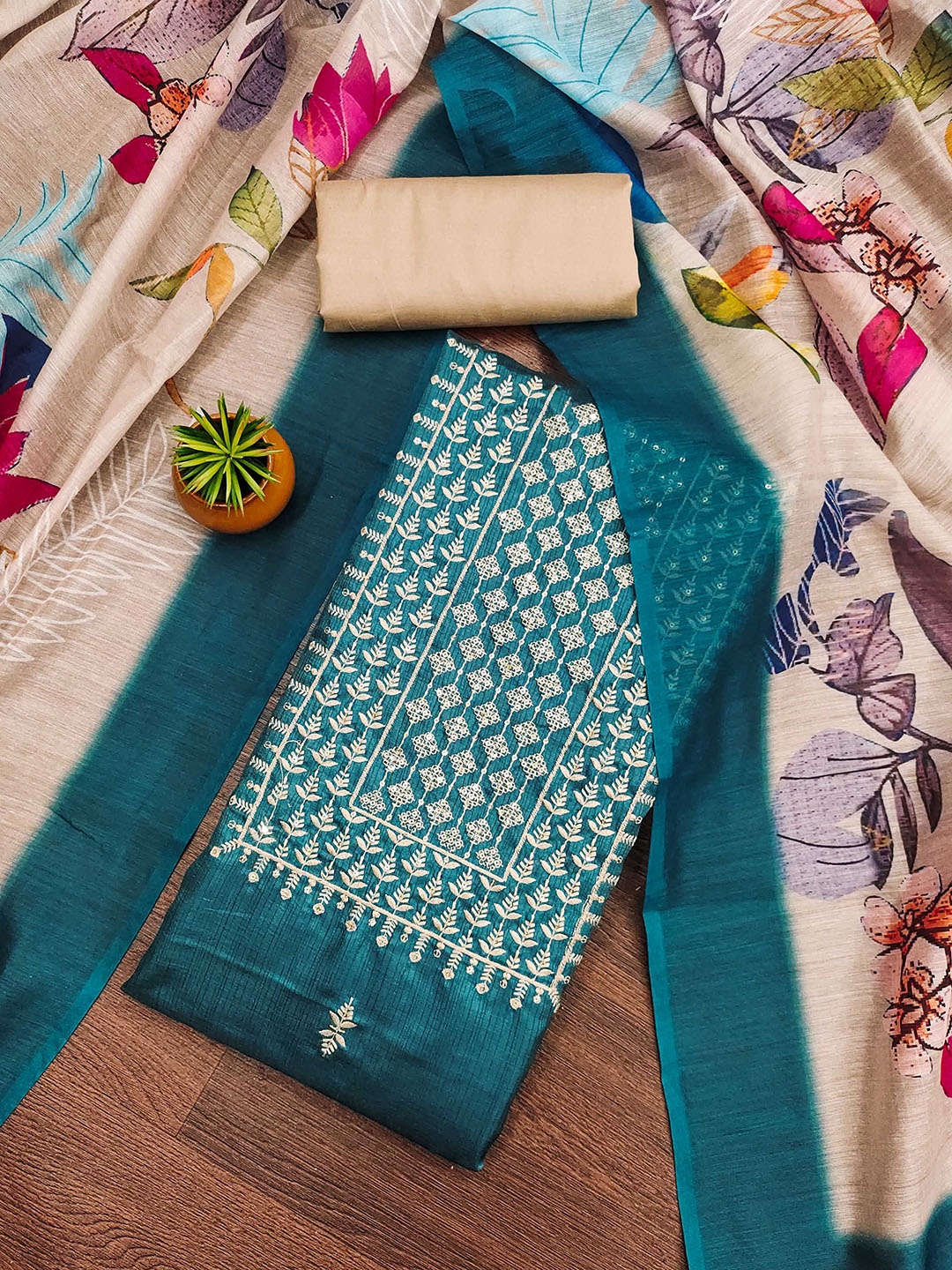 

MANVAA Embellished Unstitched Dress Material, Teal