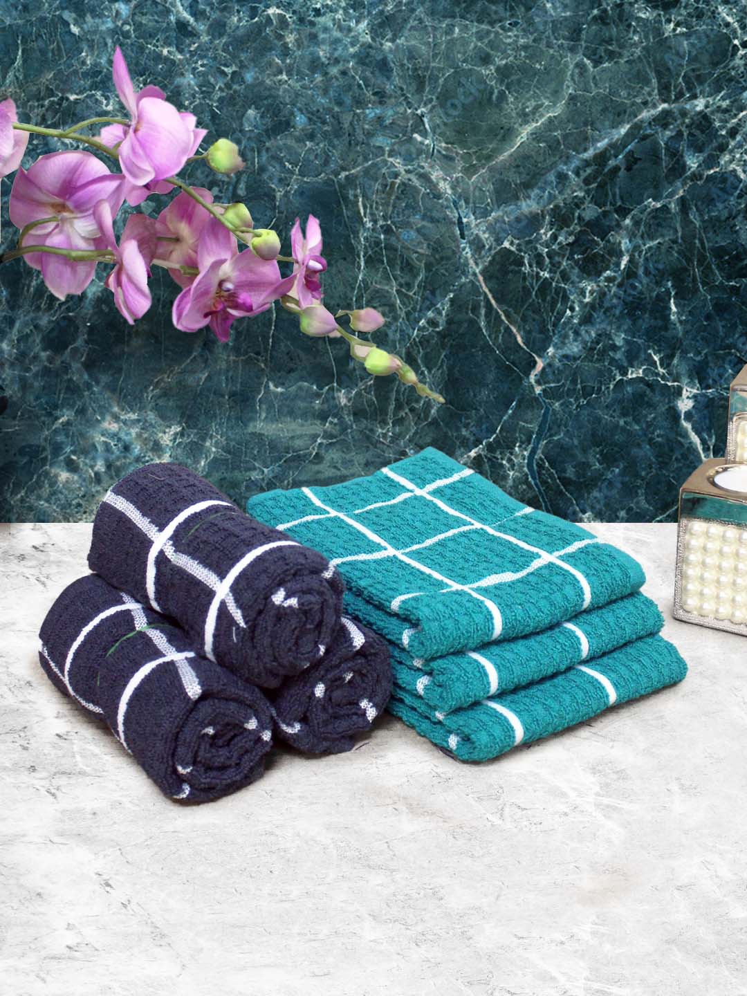 

Aura Navy Blue & Blue 6 Pieces Checked Pure Cotton 150 GSM Hand Towels