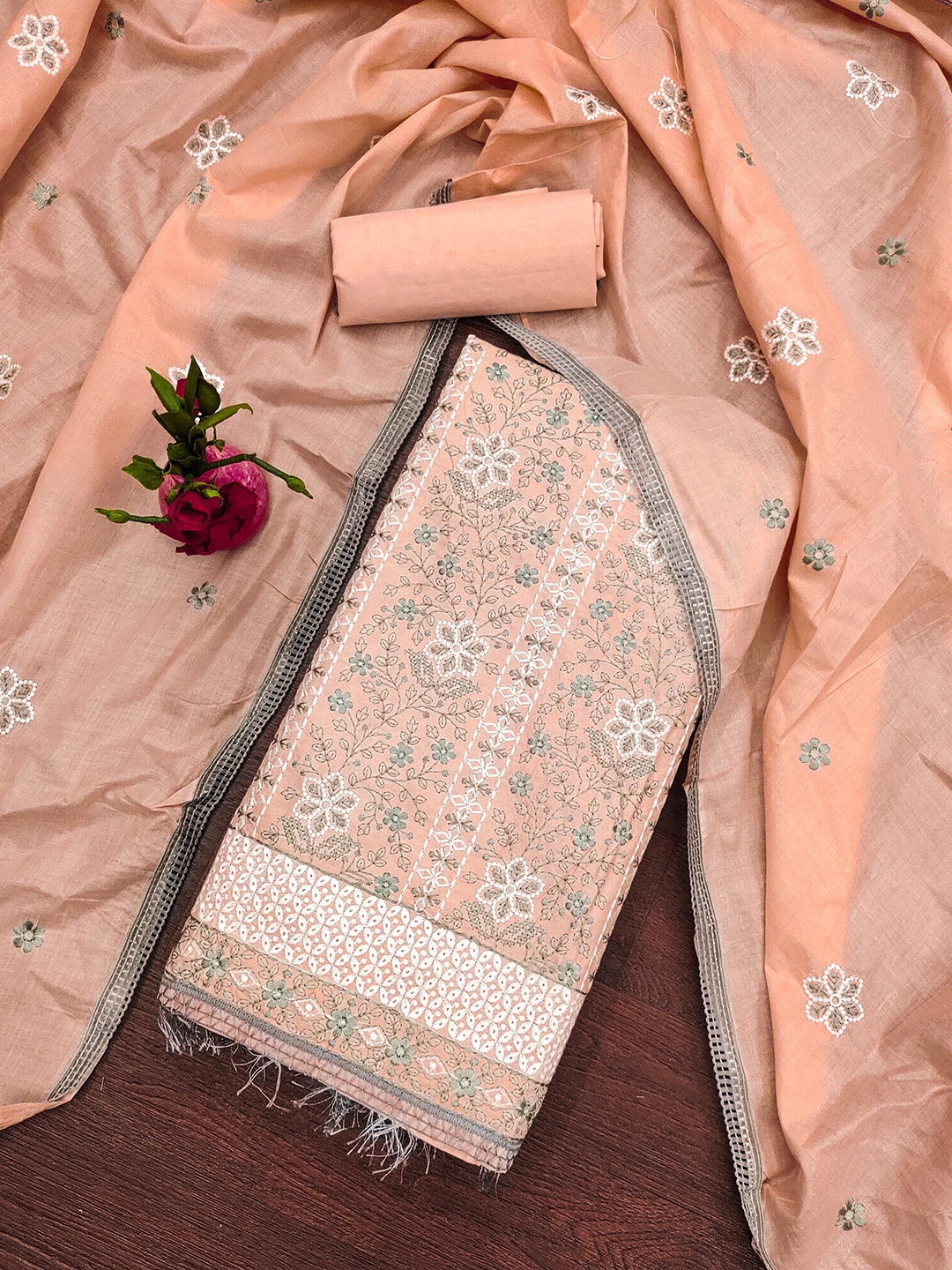 

SAINOOR Floral Embroidered Pure Cotton Unstitched Dress Material, Peach