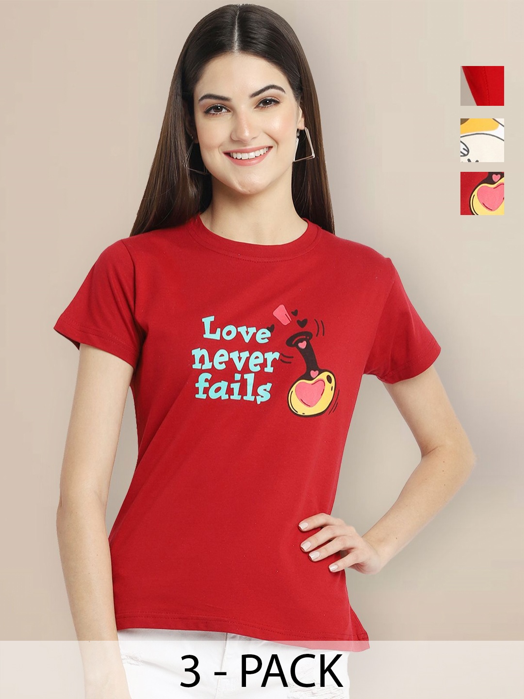 

Metronaut Women Pack of 3 Typography Printed Round Neck Cotton T-shirts, Maroon