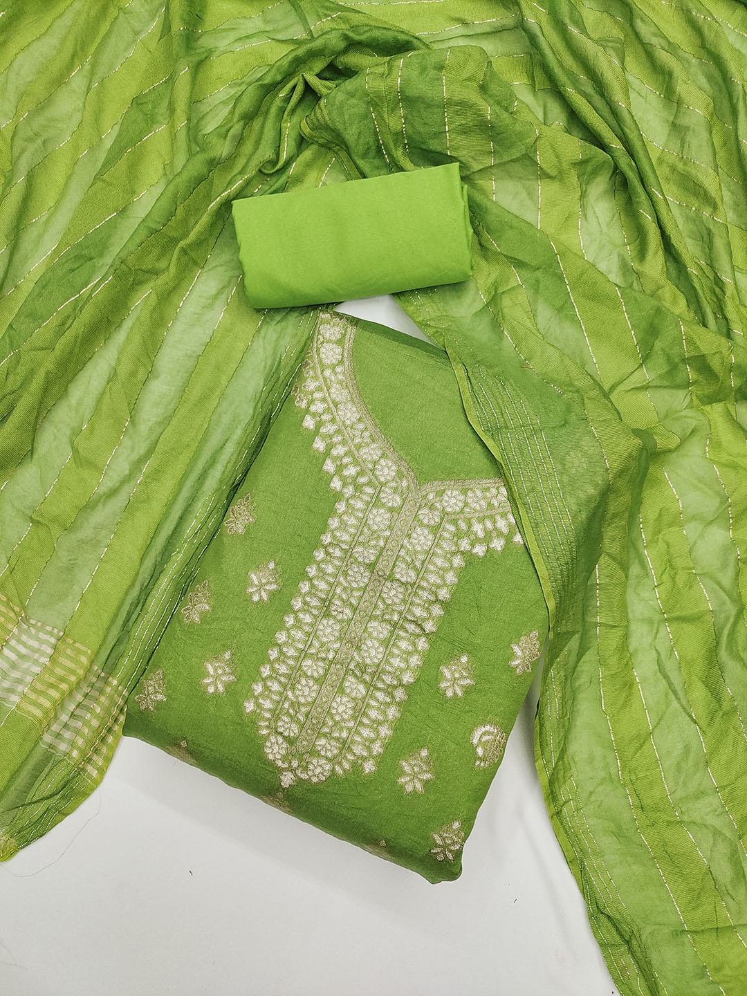 

Rangtulika Ethnics Motifs Printed Woven Design Unstitched Dress Material, Green