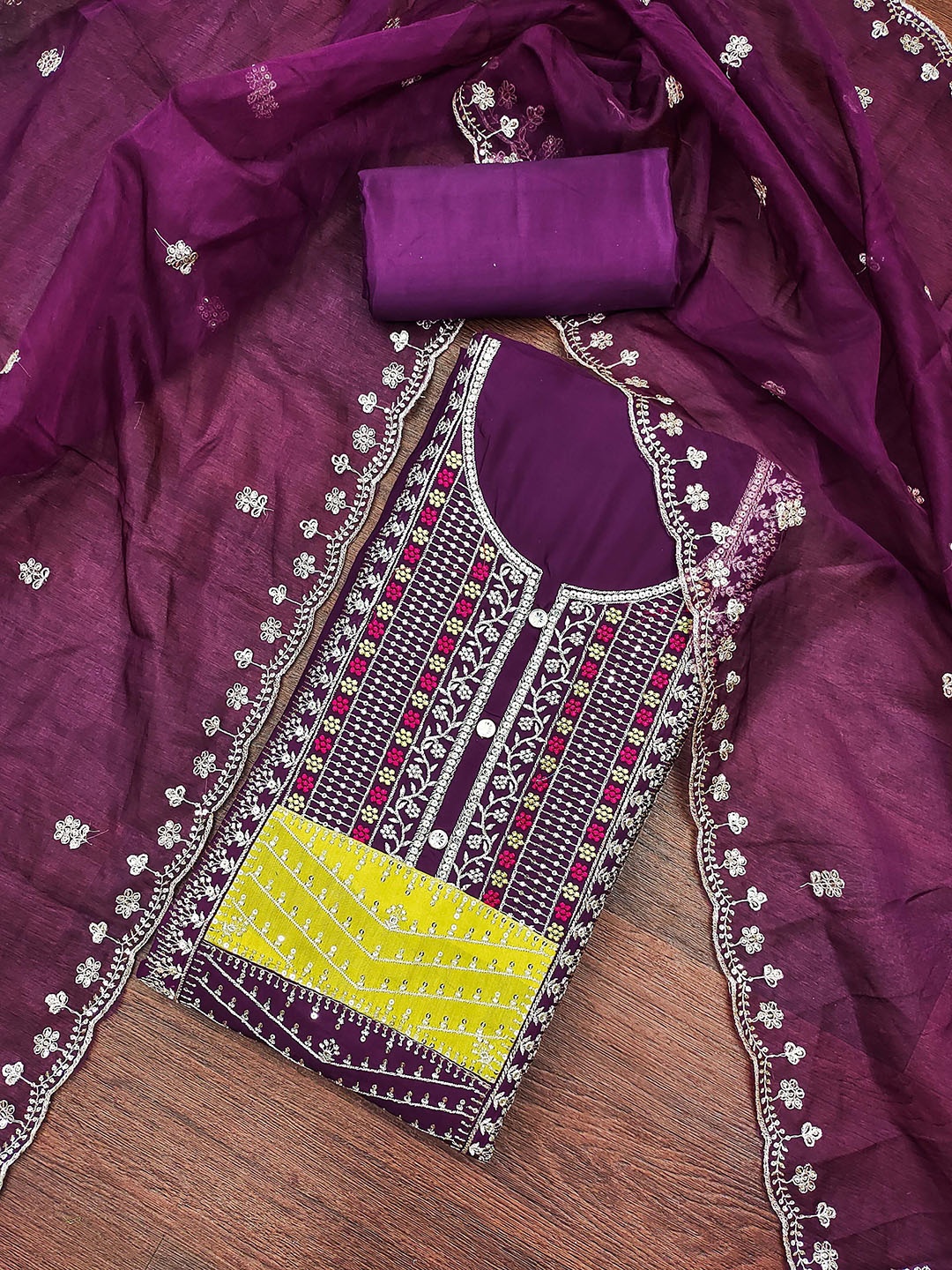 

MANVAA Embellished Unstitched Dress Material, Purple