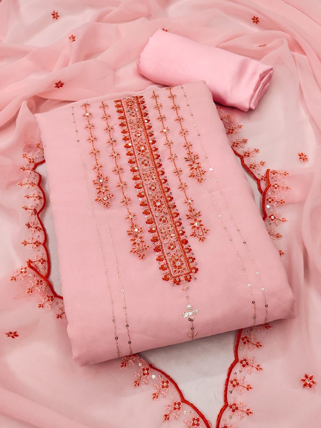 

Rangtulika Ethnics Floral Embroidered Sequinned Unstitched Dress Material, Peach