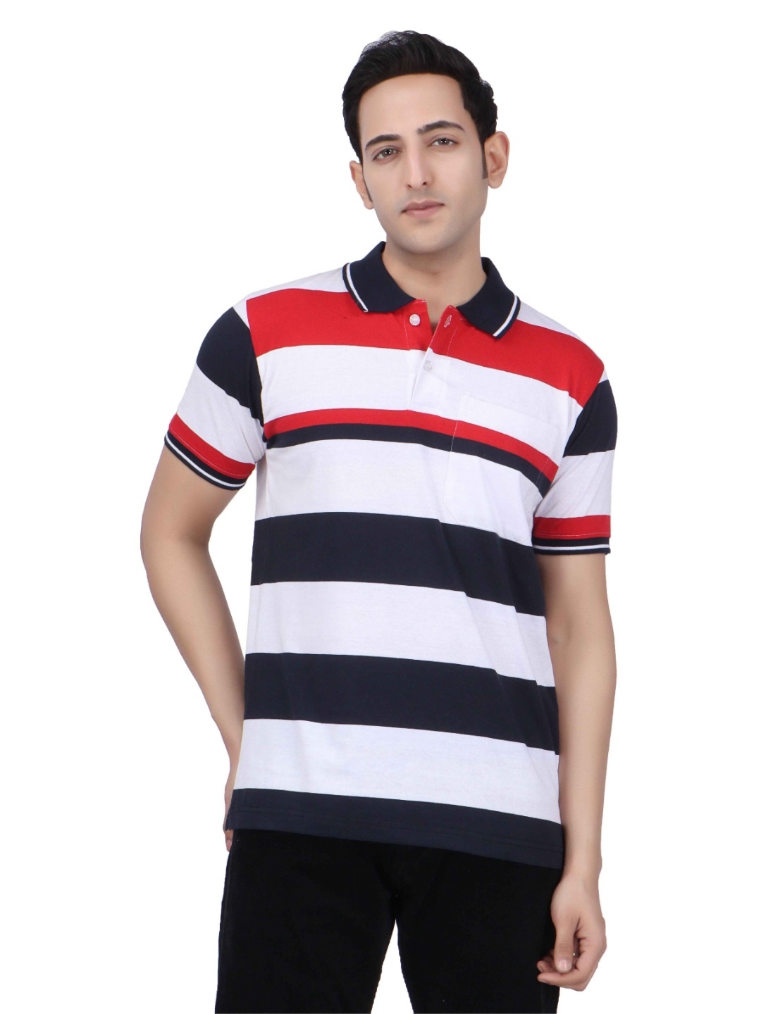 

ARMENOR Men Striped Polo Collar Pockets T-shirt, Multi