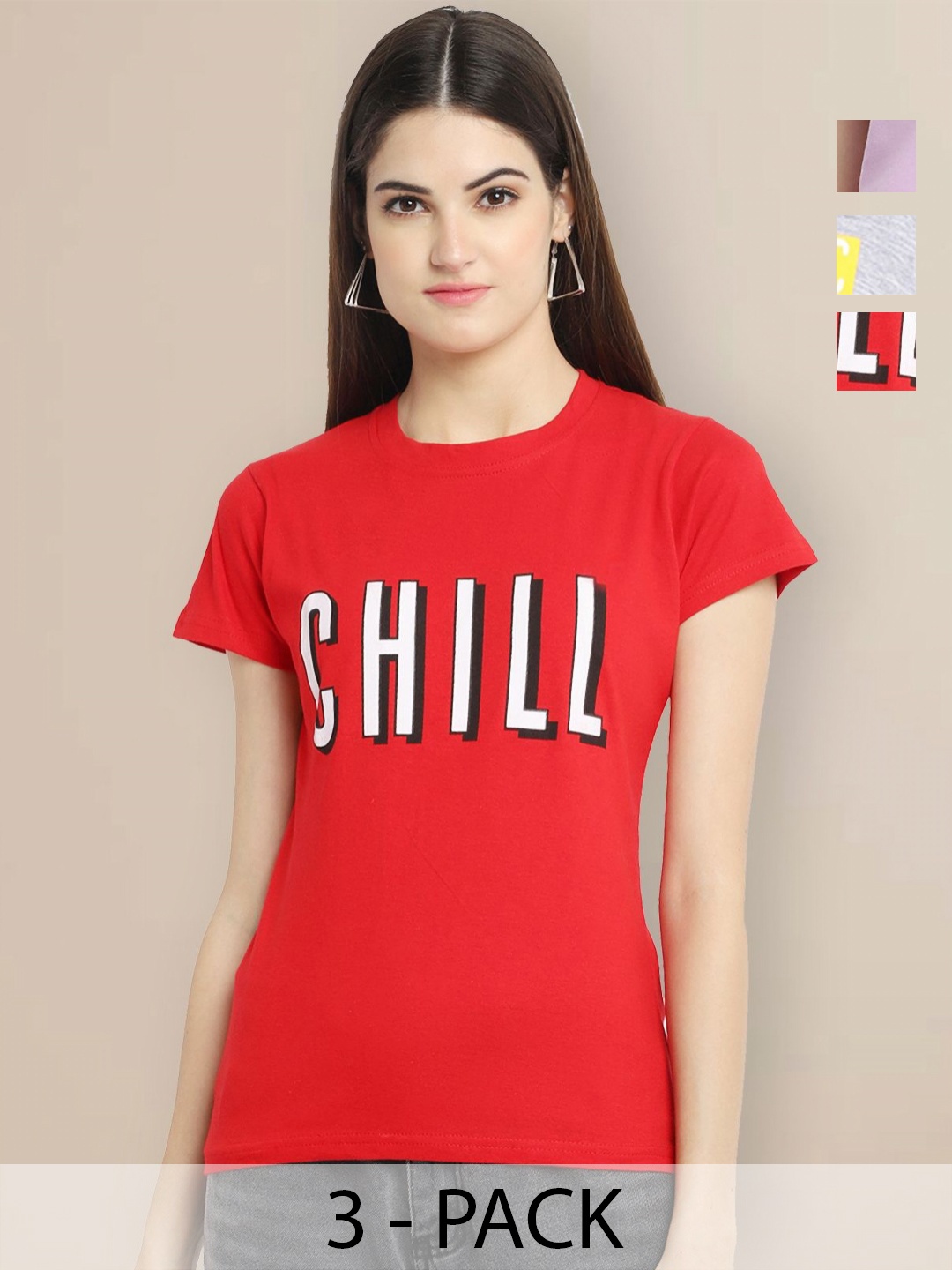 

Metronaut Women Pack of 3 Graphic Printed Round Neck Cotton T-shirts, Red