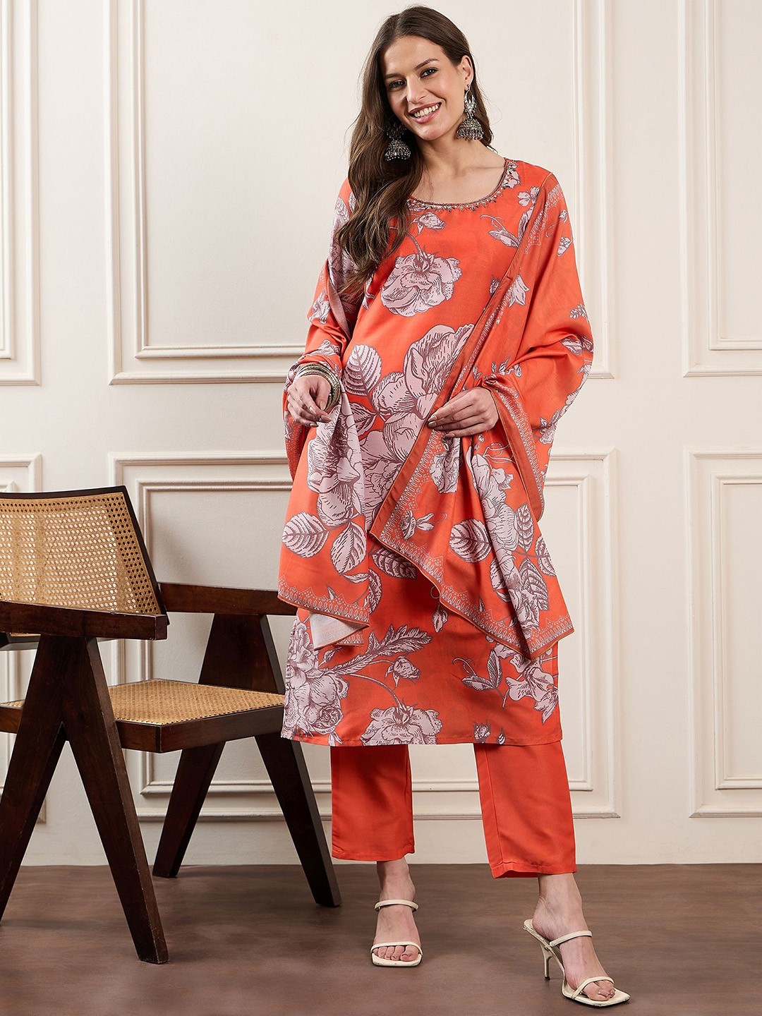 

House of Pataudi Floral Printed Round Neck Straight Kurta With Trousers & Dupatta, Orange
