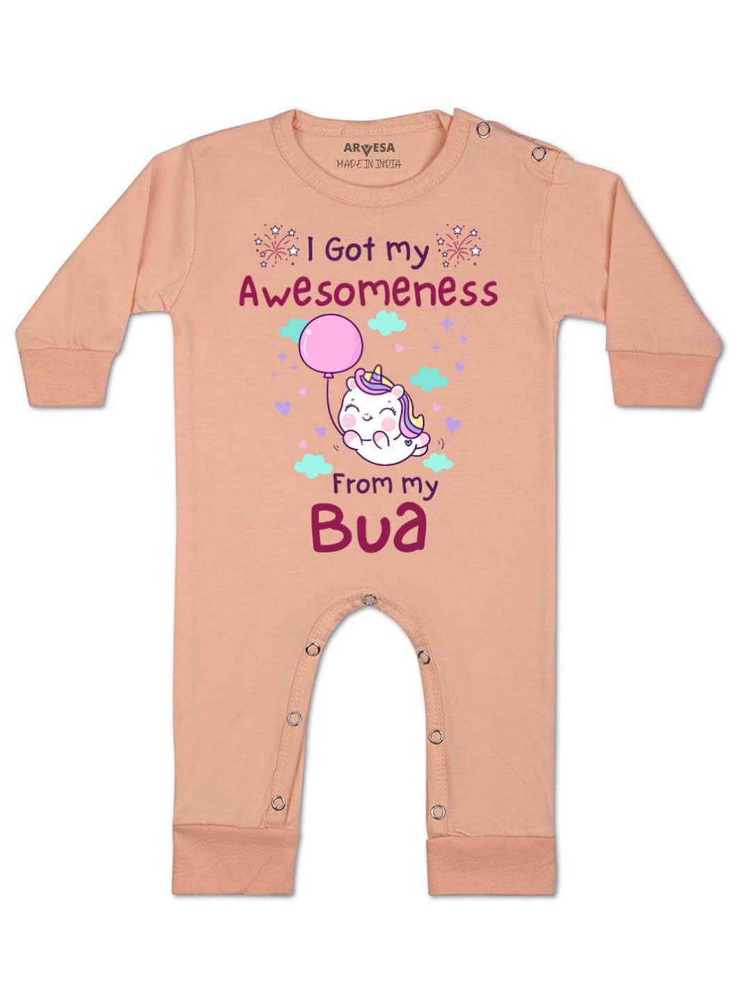 

Arvesa Kids I Got Awesomeness From Bua Printed Baby Romper, Peach