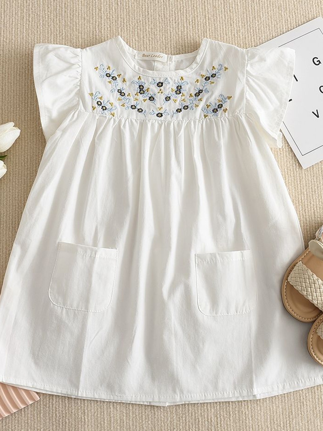 

LULU & SKY Floral Flutter Sleeve A-Line Dress, White