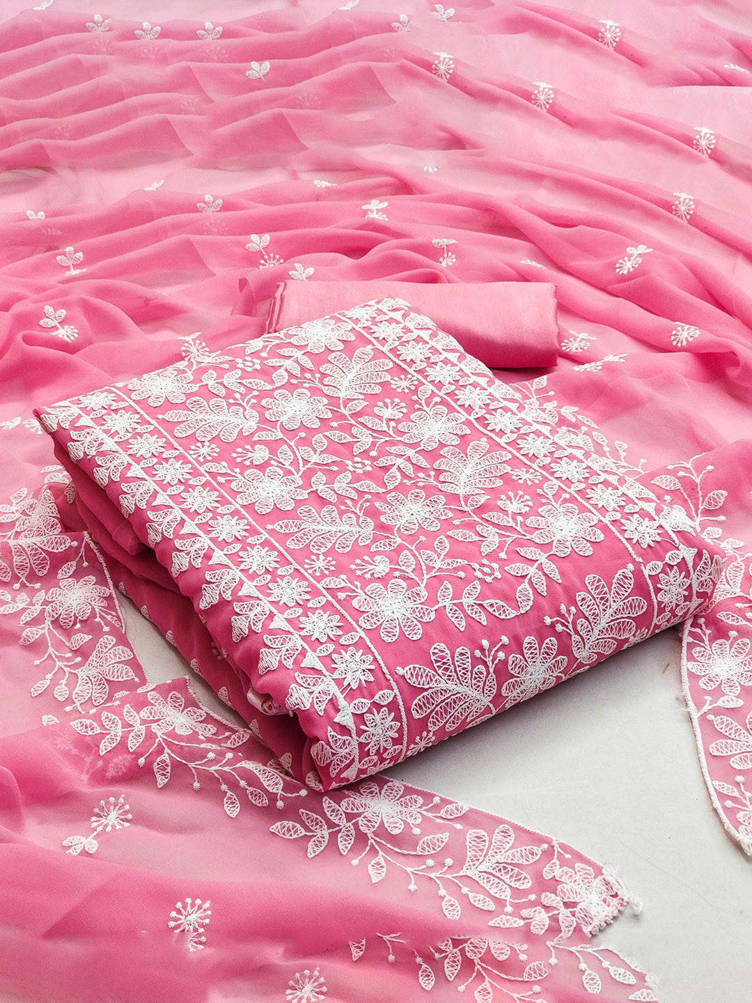 

Rangtulika Floral Embroidered Unstitched Dress Material, Pink