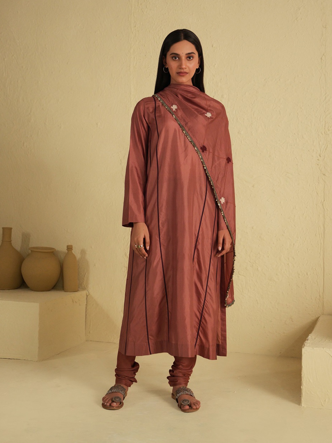 

SUSHRAM Round Neck Pure Silk Kurta With Churidar & Dupatta, Rust