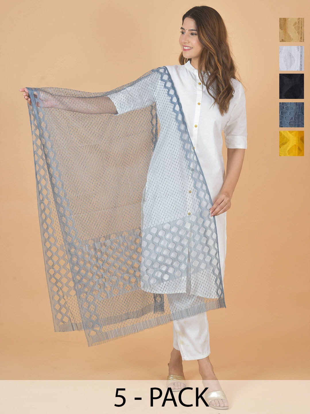 

LA FEMINAE Selection Of 5 Geometric Woven Design Dupatta, Gold