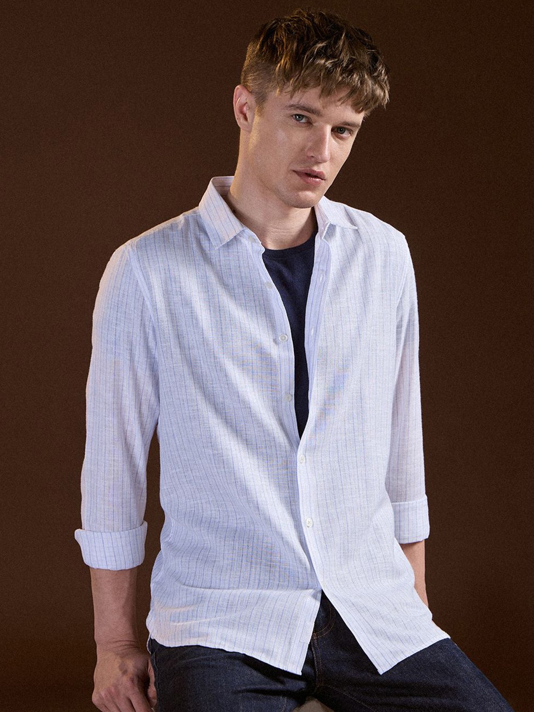 

THE BEAR HOUSE Men Slim Fit Opaque Striped Casual Shirt, White