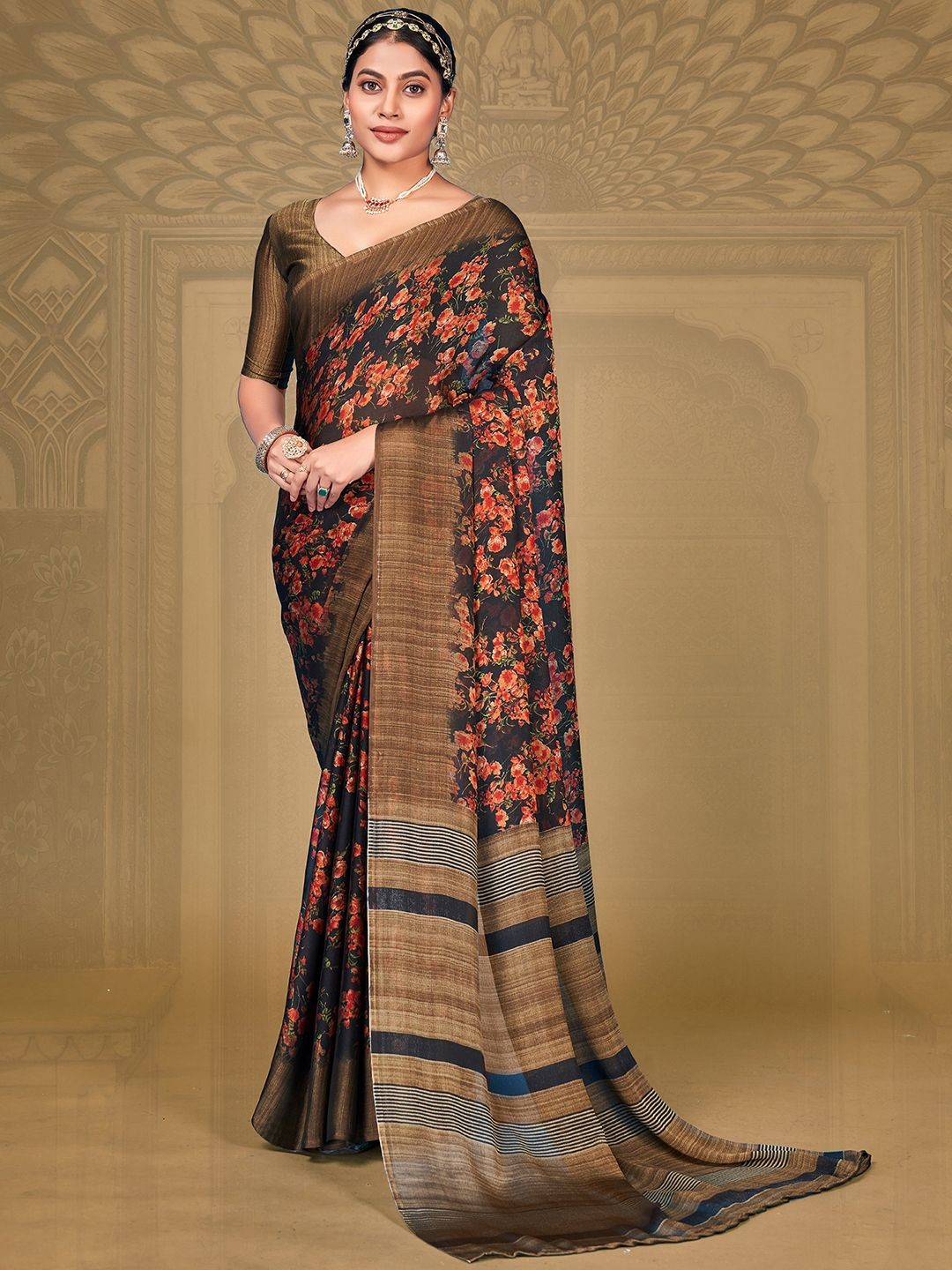 

Mitera Floral Poly Chiffon Saree, Navy blue
