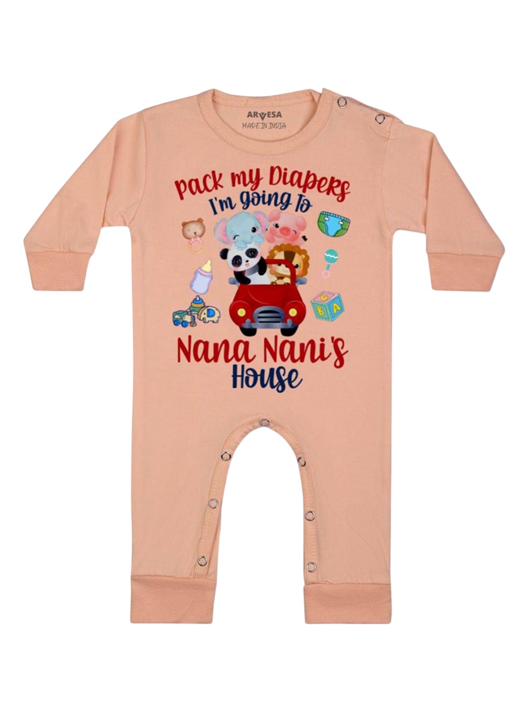 

Arvesa Kids I Am Going To Nana Nani House Printed Baby Romper, Peach