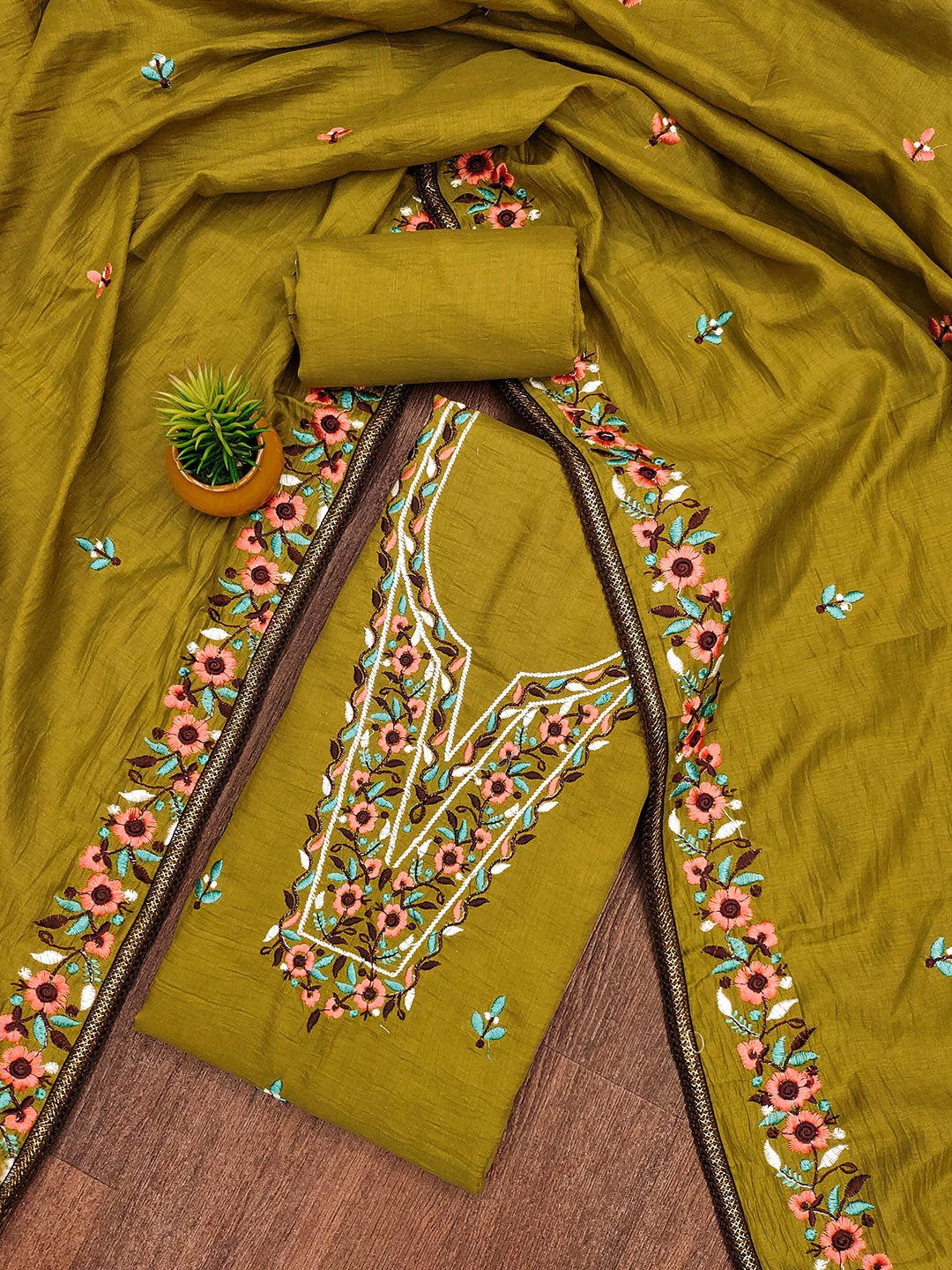 

SAINOOR Floral Embroidered Pure Cotton Semi-Stitched Dress Material, Lime green