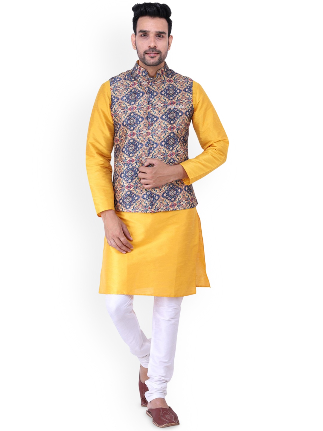 

Sadree Mandarin Collar Dupion Silk Kurta And Churidar With Nehru Jacket Set, Yellow