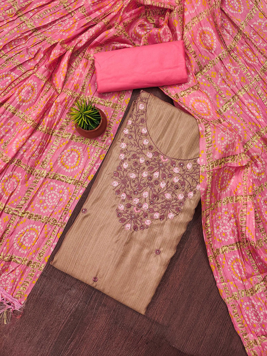 

MANVAA Embellished Unstitched Dress Material, Beige