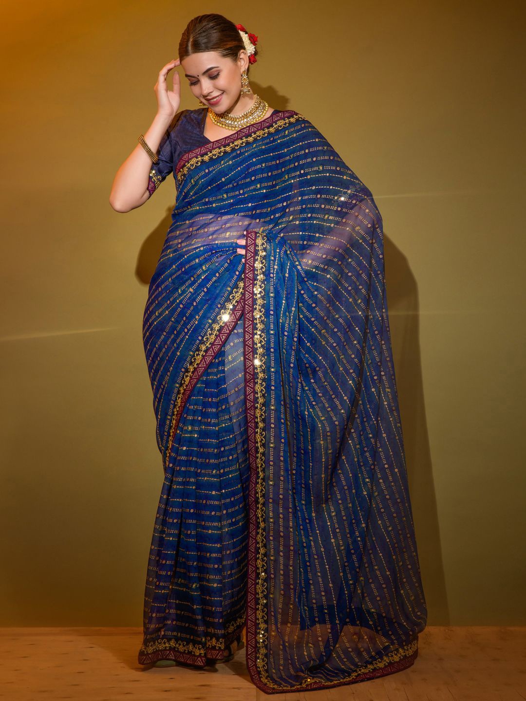 

Mitera Sequinned Pure Georgette Saree, Navy blue