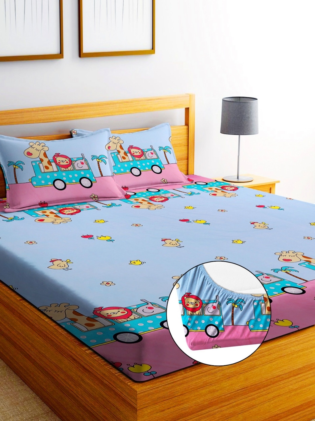 

EXFAB Blue Cartoon Characters Pure Cotton Fitted 244 TC King Bedsheet Set 1.98 m x 1.82 m