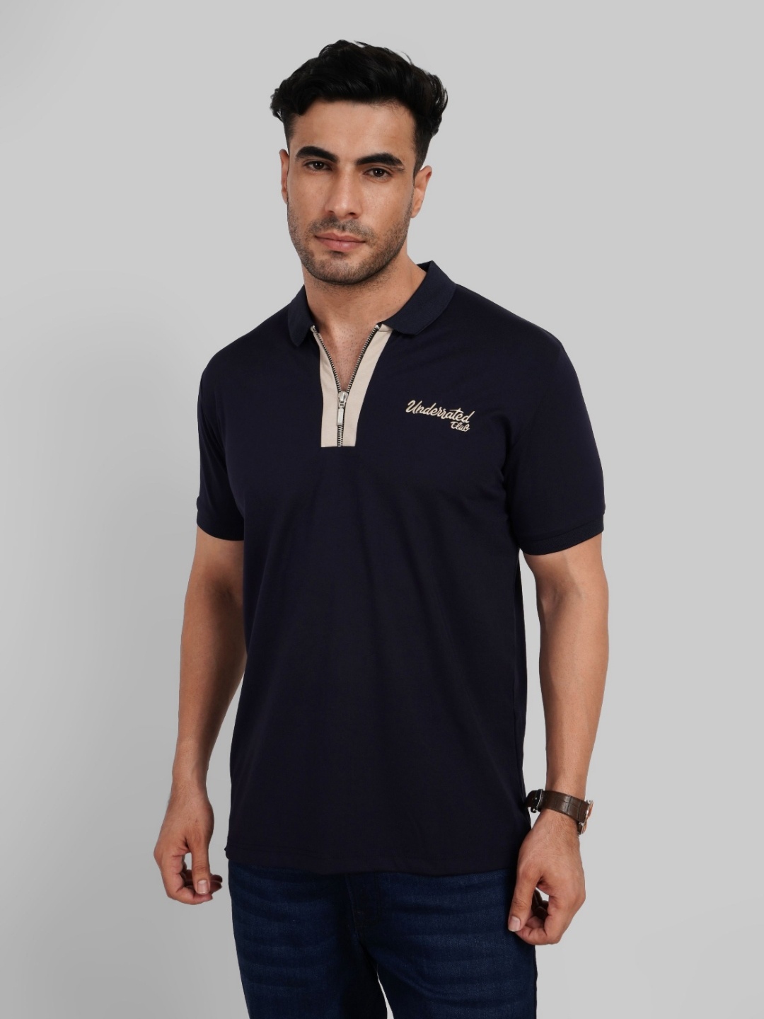 

Underrated Club Men Solid Polo Collar T-shirt, Navy blue