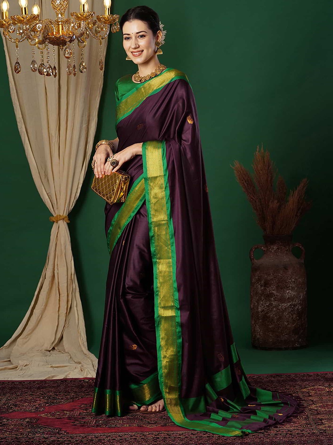 

SILKWEAR Woven Design Zari Silk Cotton Banarasi Saree, Burgundy