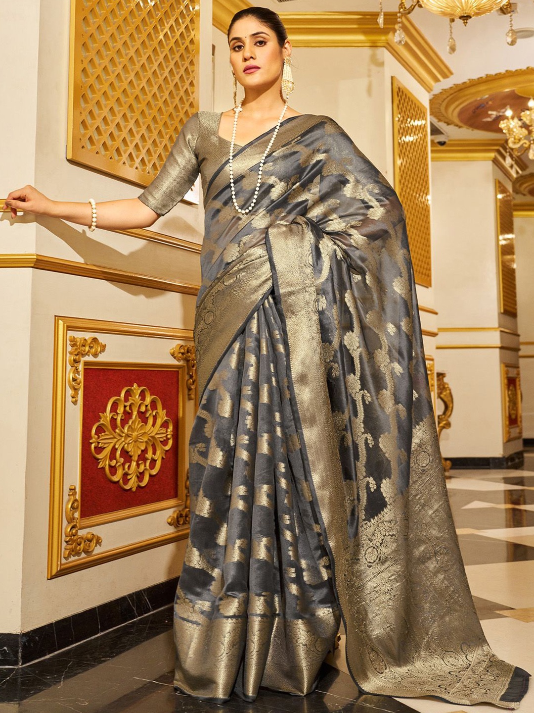 

Mitera Woven Design Zari Organza Banarasi Saree, Grey