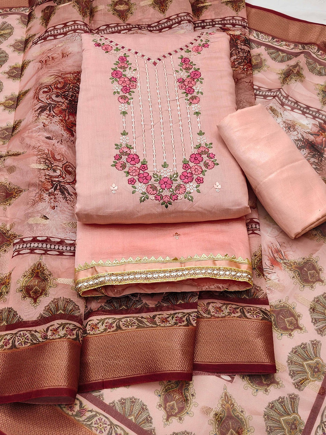 

SAINOOR Embroidered Unstitched Dress Material, Peach