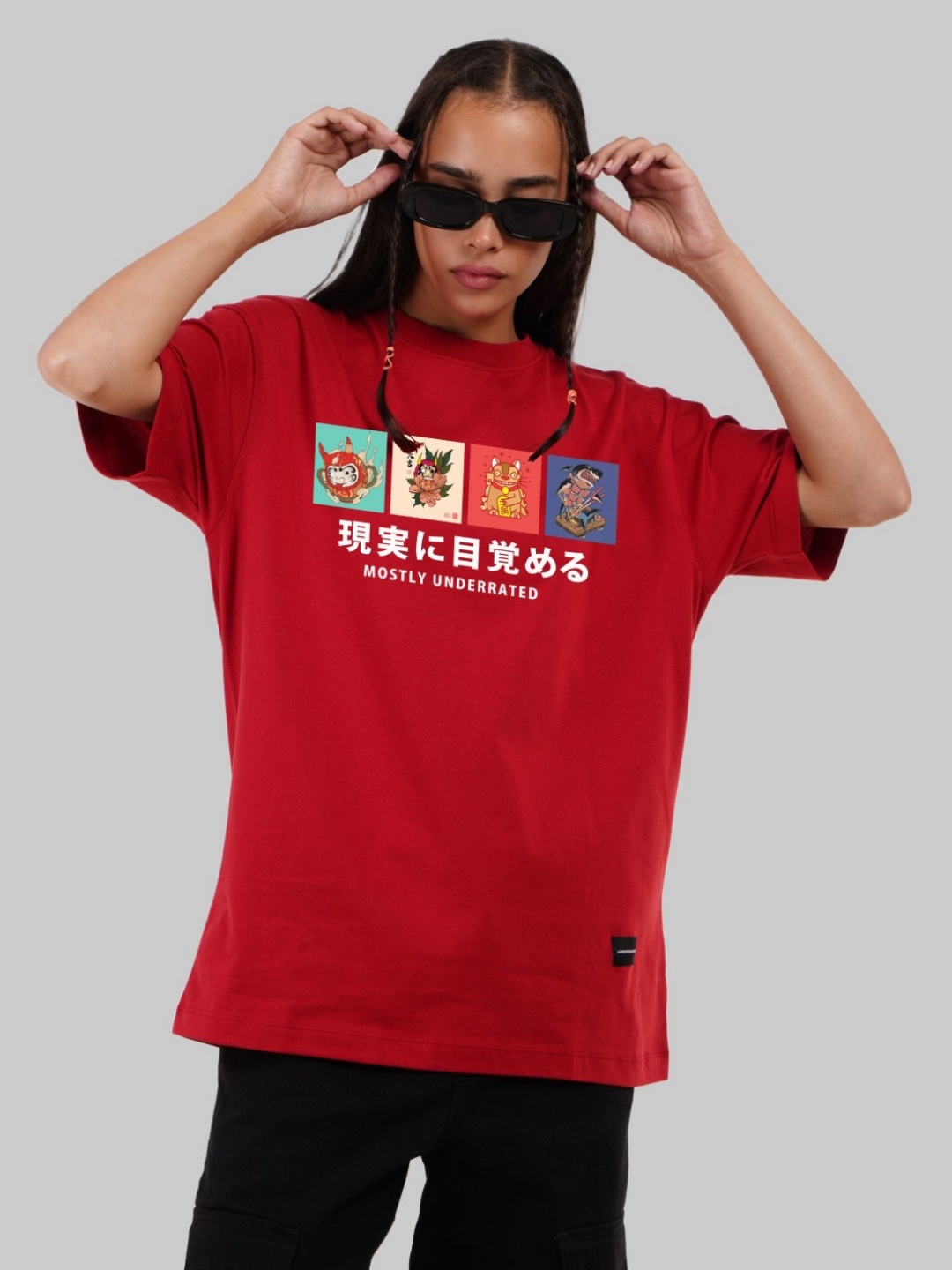 

Underrated Club Women Bio Finish Graphic Printed Round Neck Cotton Oversized T-shirt, Red