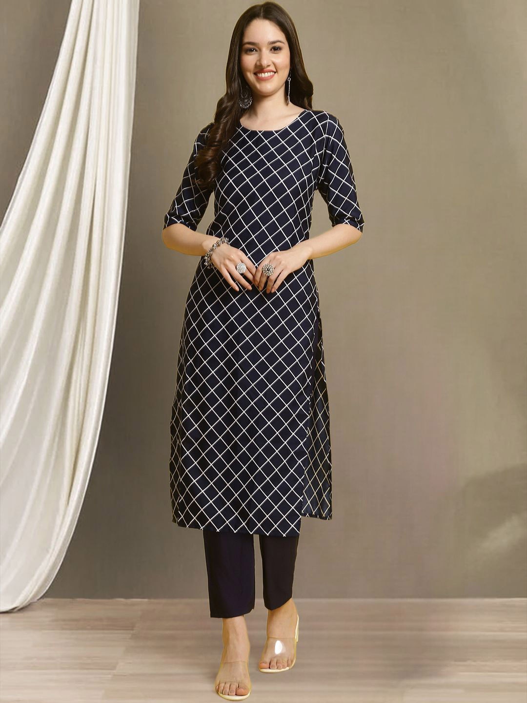 

Moda Rapido Blue & White Geometric Printed Straight Kurta with Trousers