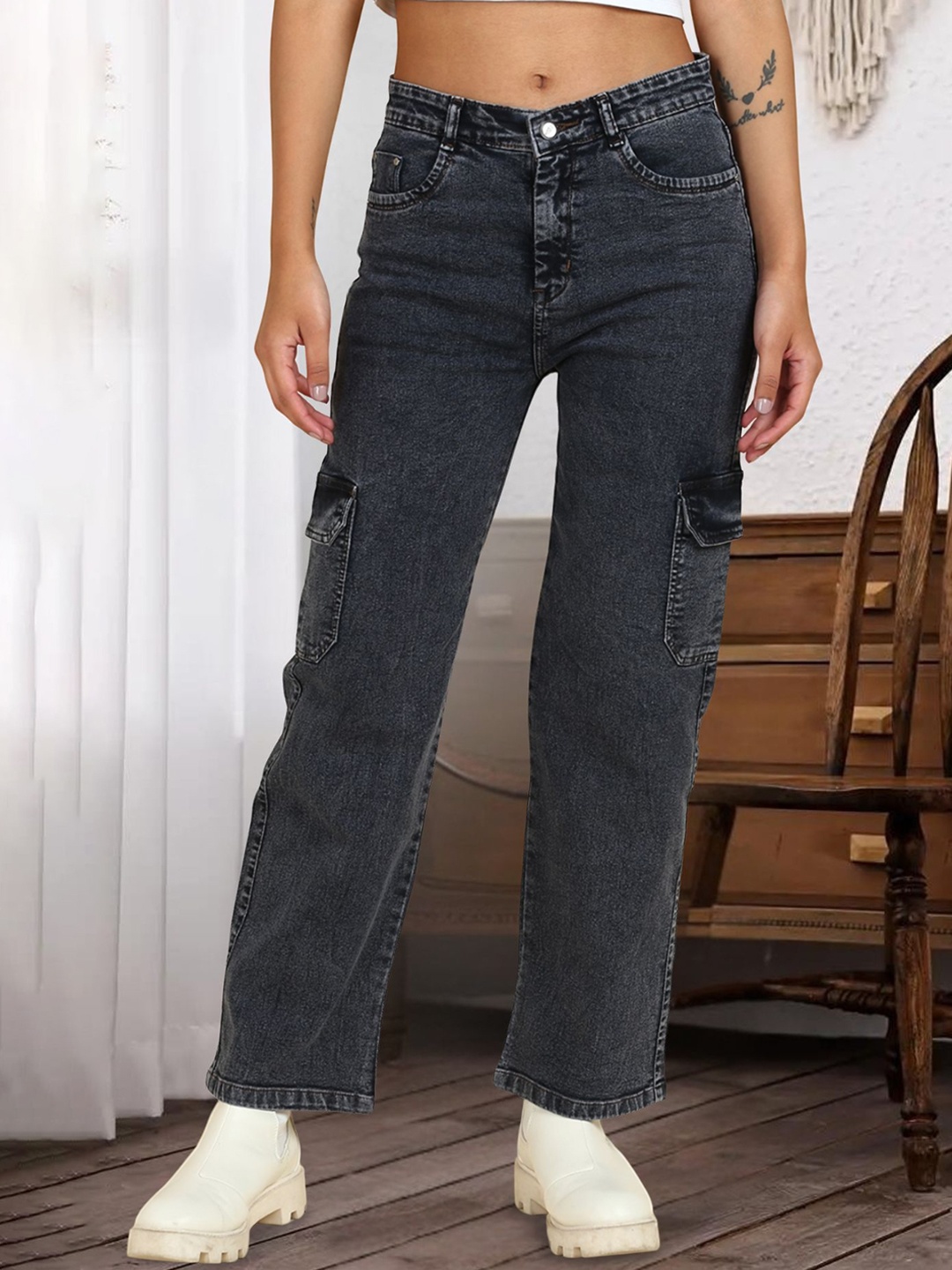 

DressBerry Women Comfort Straight Fit High-Rise Light Fade Acid Wash Stretchable Jeans, Black
