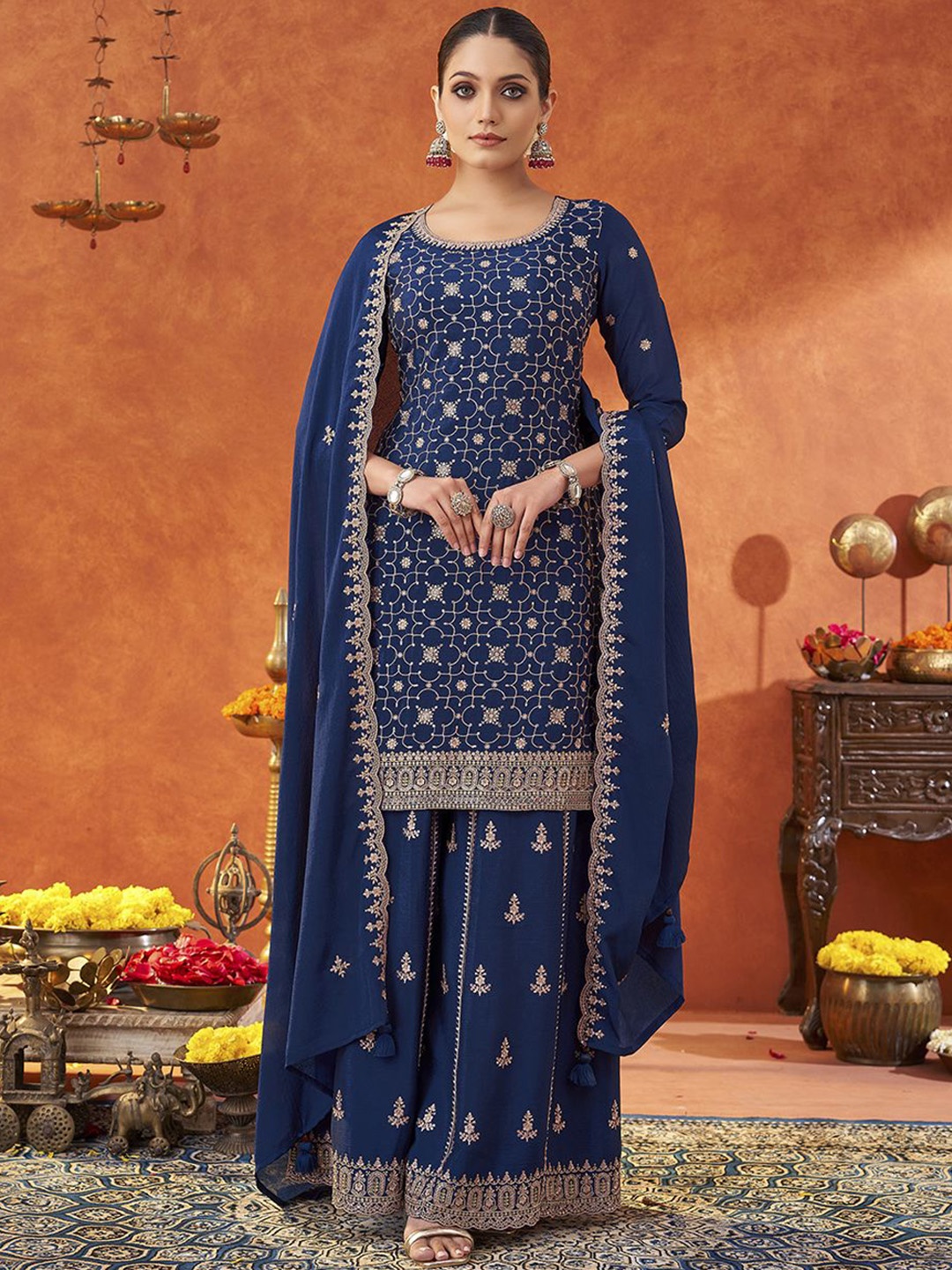 

KALINI Women Floral Embroidered Regular Kurta with Sharara & With Dupatta, Navy blue