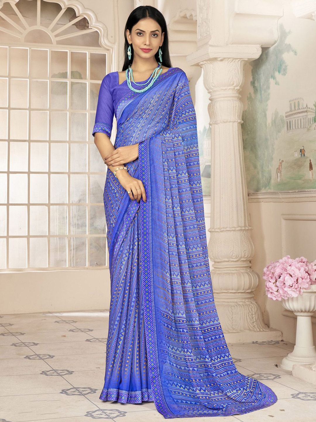 

Anouk Rustic Ethnic Motifs Poly Chiffon Bagh Saree, Blue