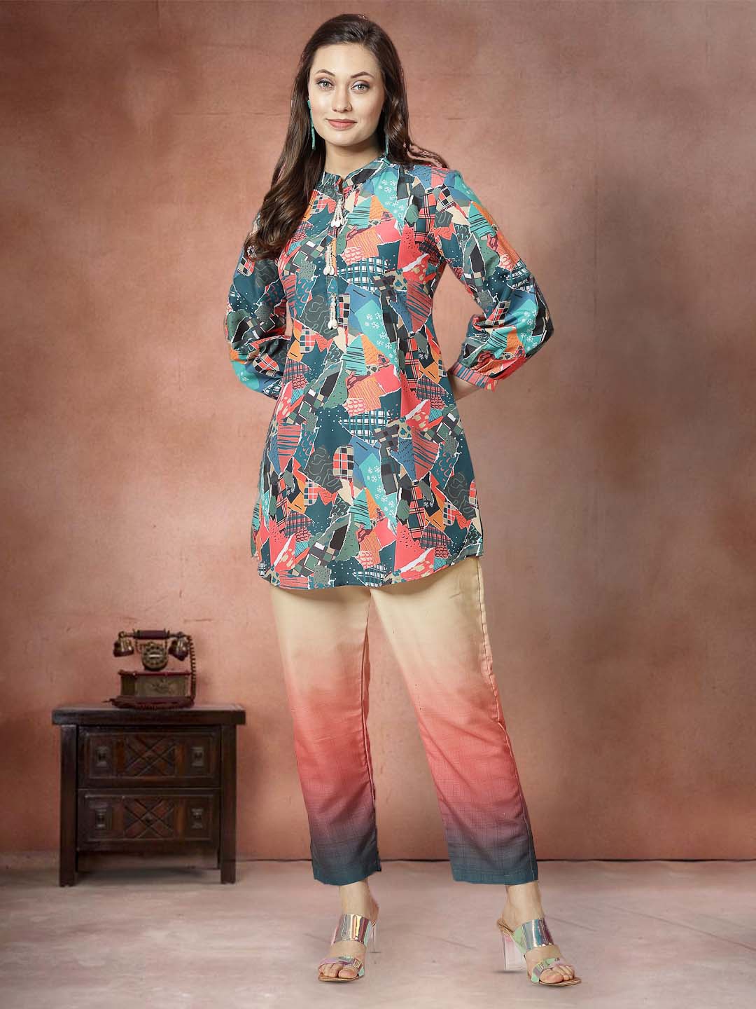 

Moda Rapido Printed Mandarin Collar Neck Tunic With Trouser Co-Ords, Green