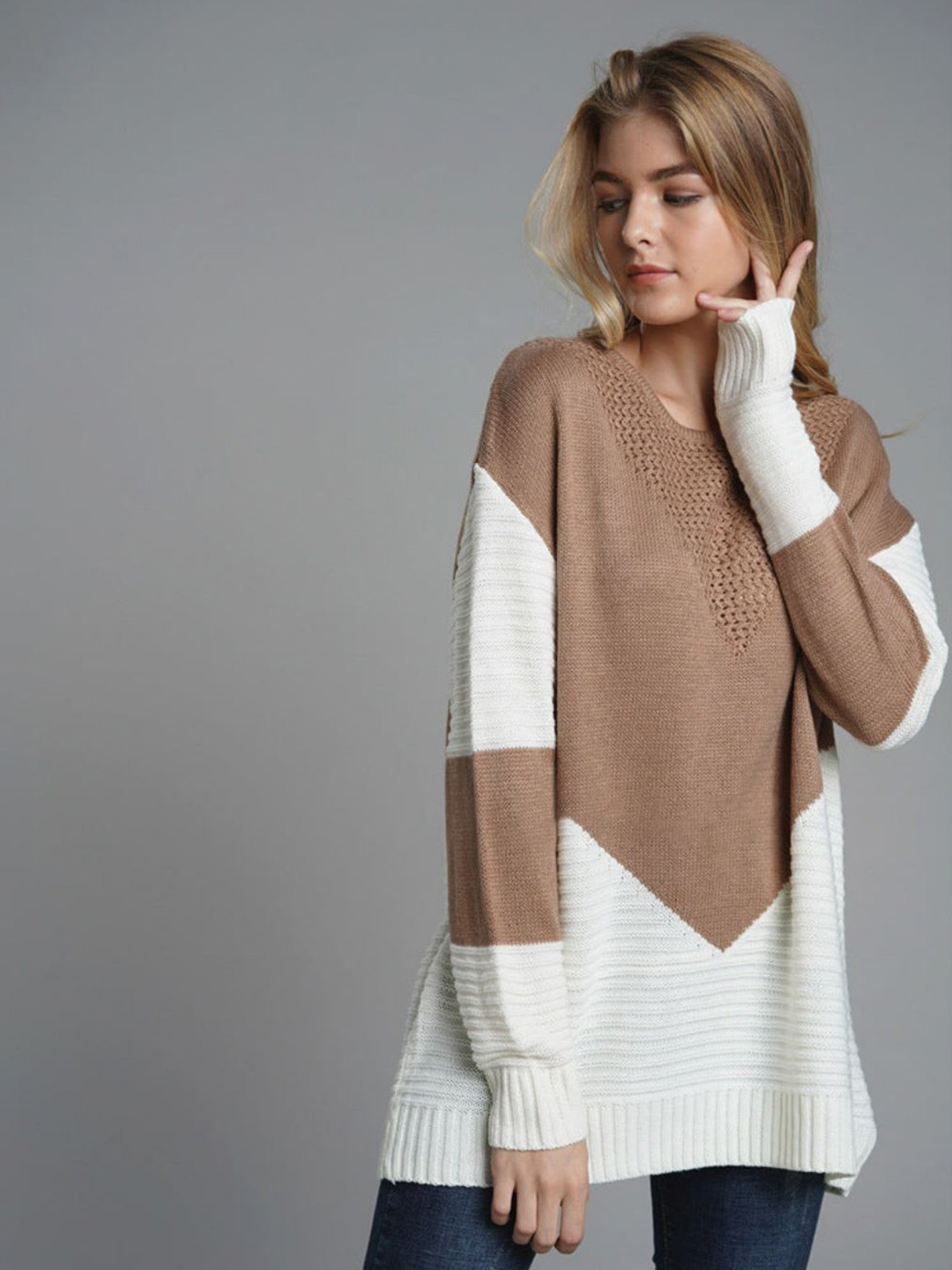 

Oh Rare Women Colourblocked Pullover, Camel brown