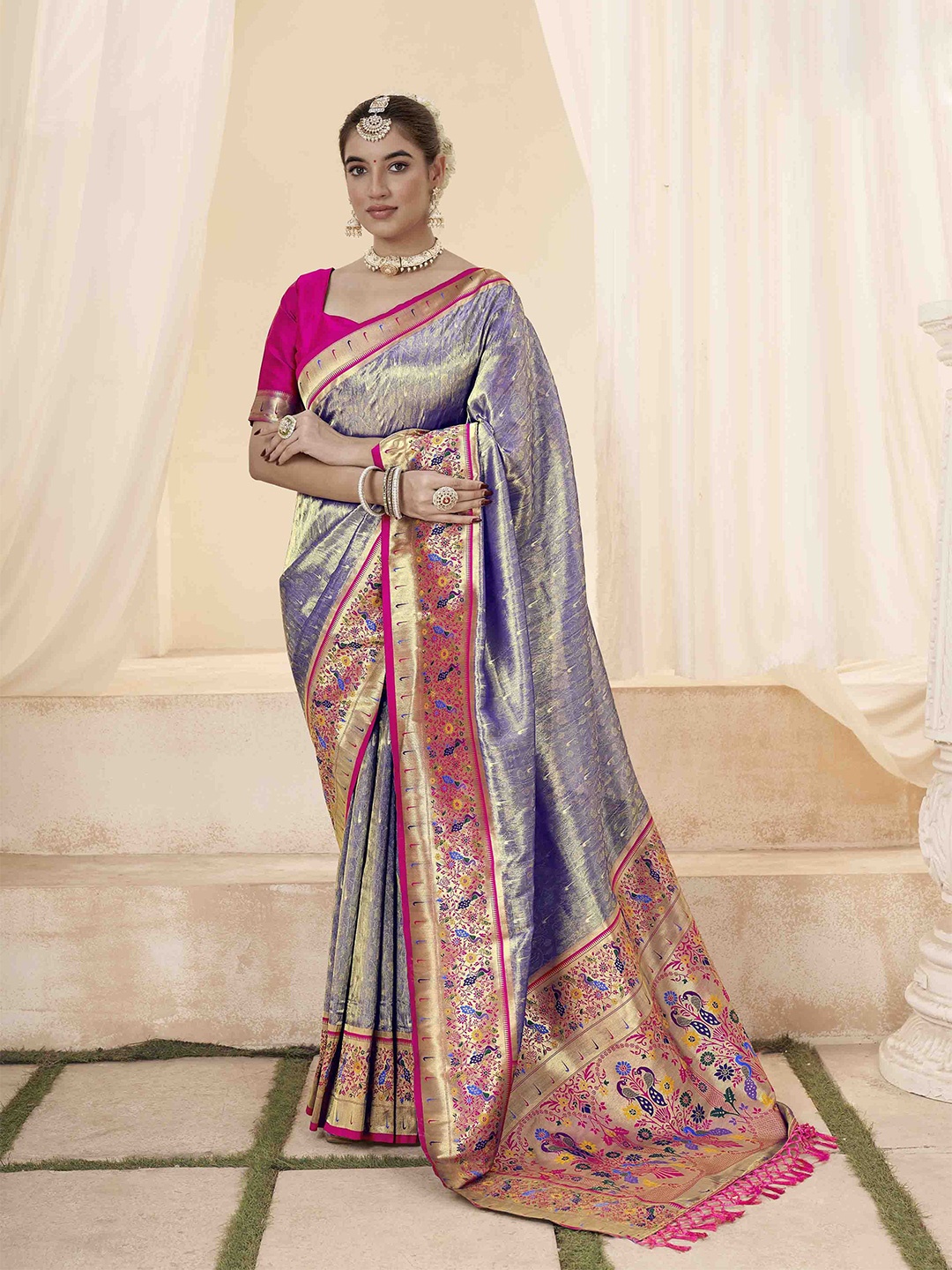 

KIMISHA Woven Design Zari Silk Blend Paithani Saree, Lavender