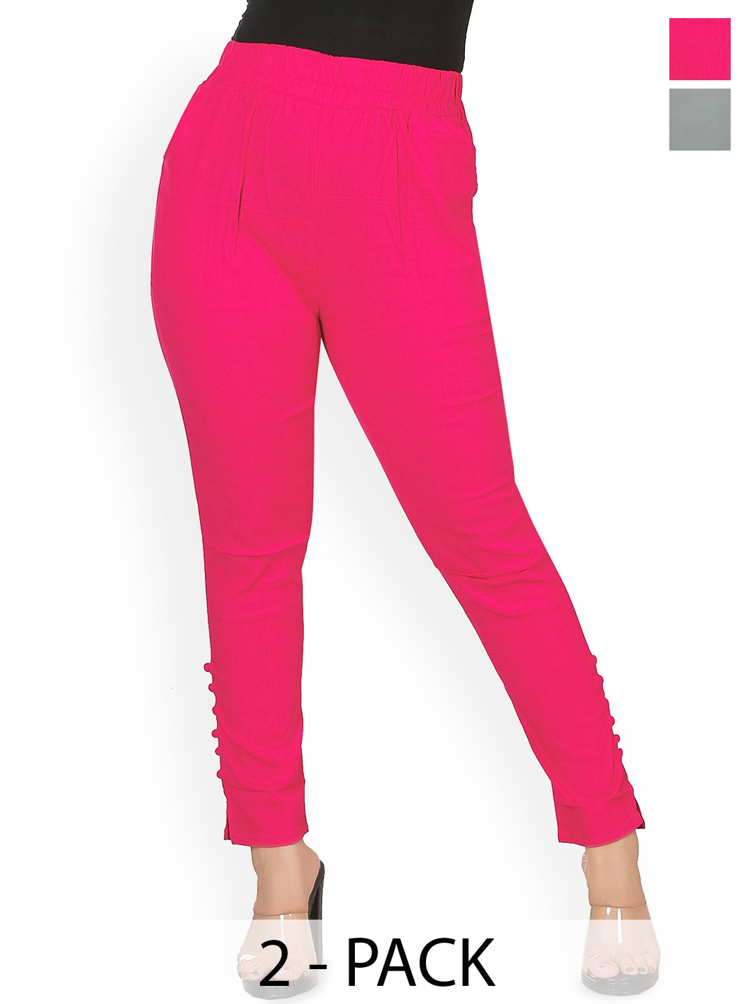 

Fessist Women Pack of 2 Relaxed Slim Fit Mid-Rise Cotton Cigarette Trousers, Pink