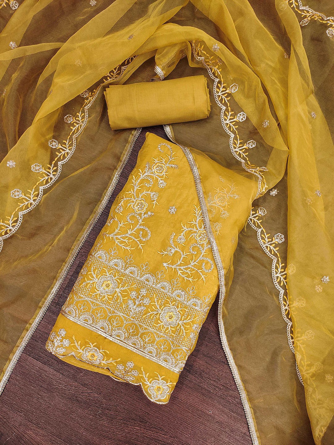

SAINOOR Floral Embroidered Sequinned Pure Silk Unstitched Dress Material, Yellow