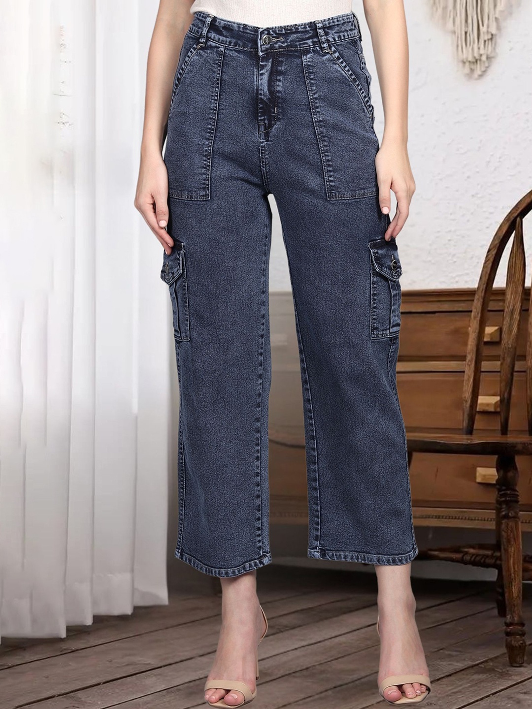 

DressBerry Women Comfort Straight Fit High-Rise Light Fade Acid Wash Stretchable Jeans, Navy blue