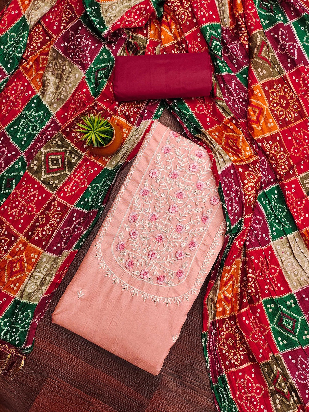 

MANVAA Embellished Unstitched Dress Material, Pink