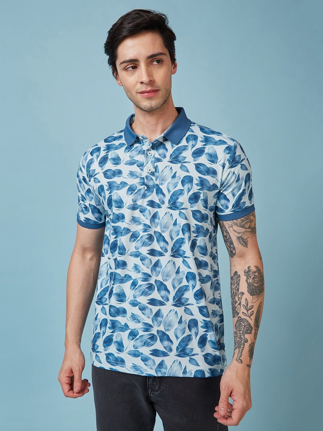 

Status Quo Men Floral Printed Polo Collar Regular Fit T-shirt, Blue