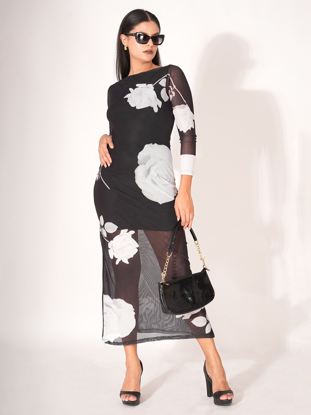 

clobug Floral Print Net Maxi Midi Dress, Black