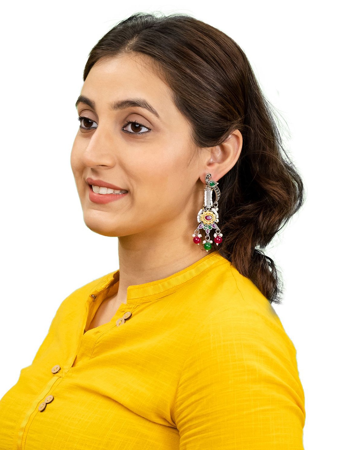 

Shining Jewel - By Shivansh Silver-Plated Stones Studded & Beaded Bird Drop Earrings
