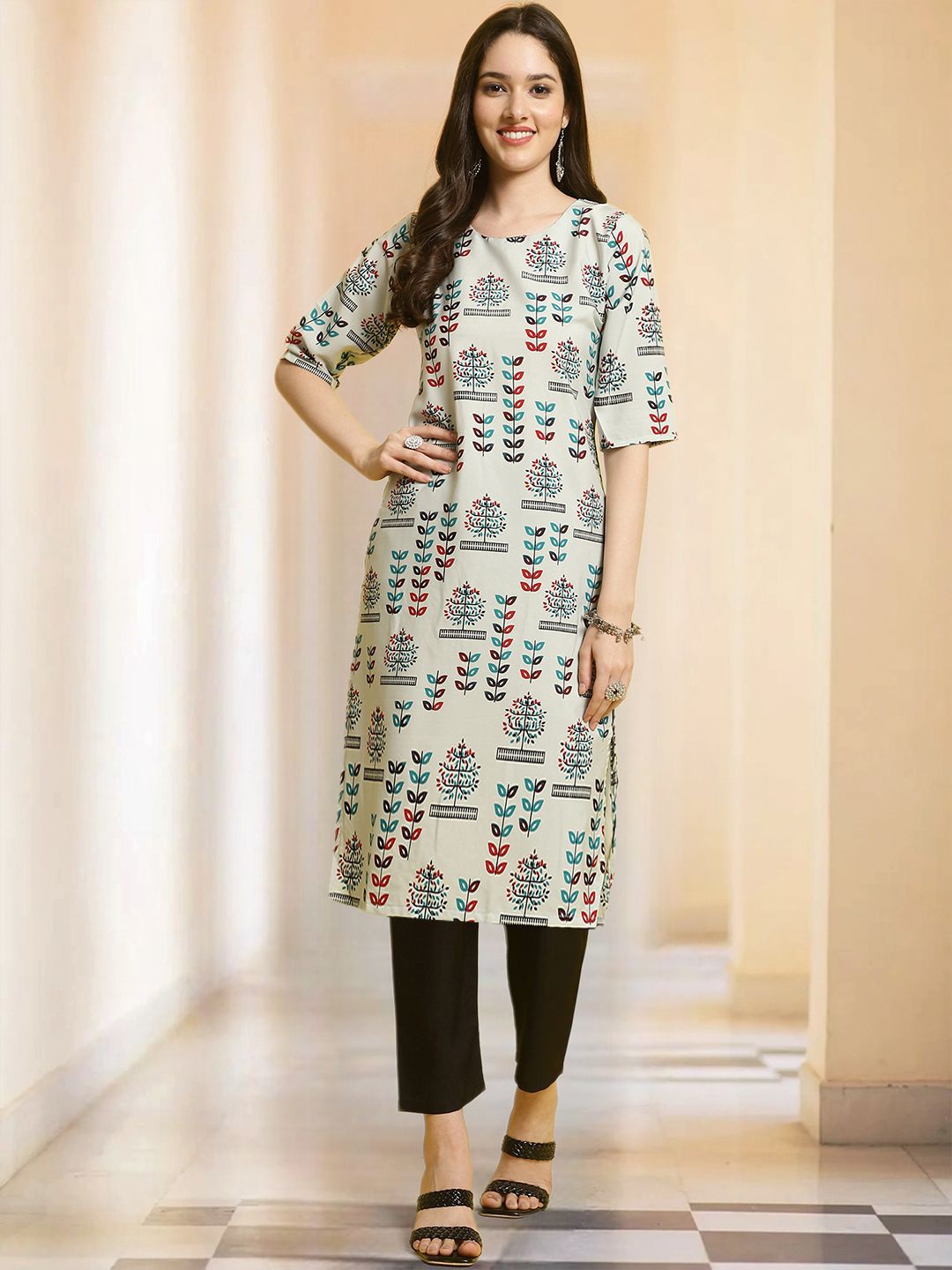 

Moda Rapido Ethnic Motifs Printed Straight Kurta with Trouser, Green