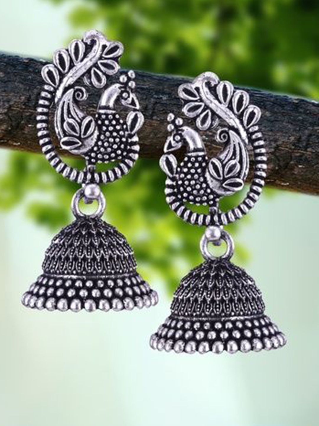 

DIVASTRI Set Of 5 Silver-Plated Peacock Shaped Oxidized Jhumkas