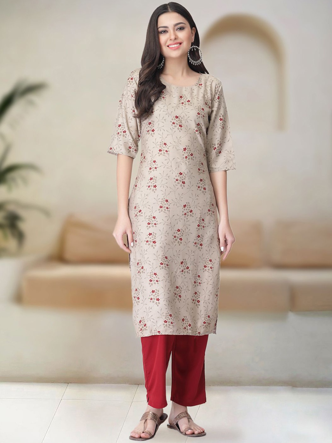 

Moda Rapido Floral Printed Round Neck Straight Kurta with Trousers, Beige