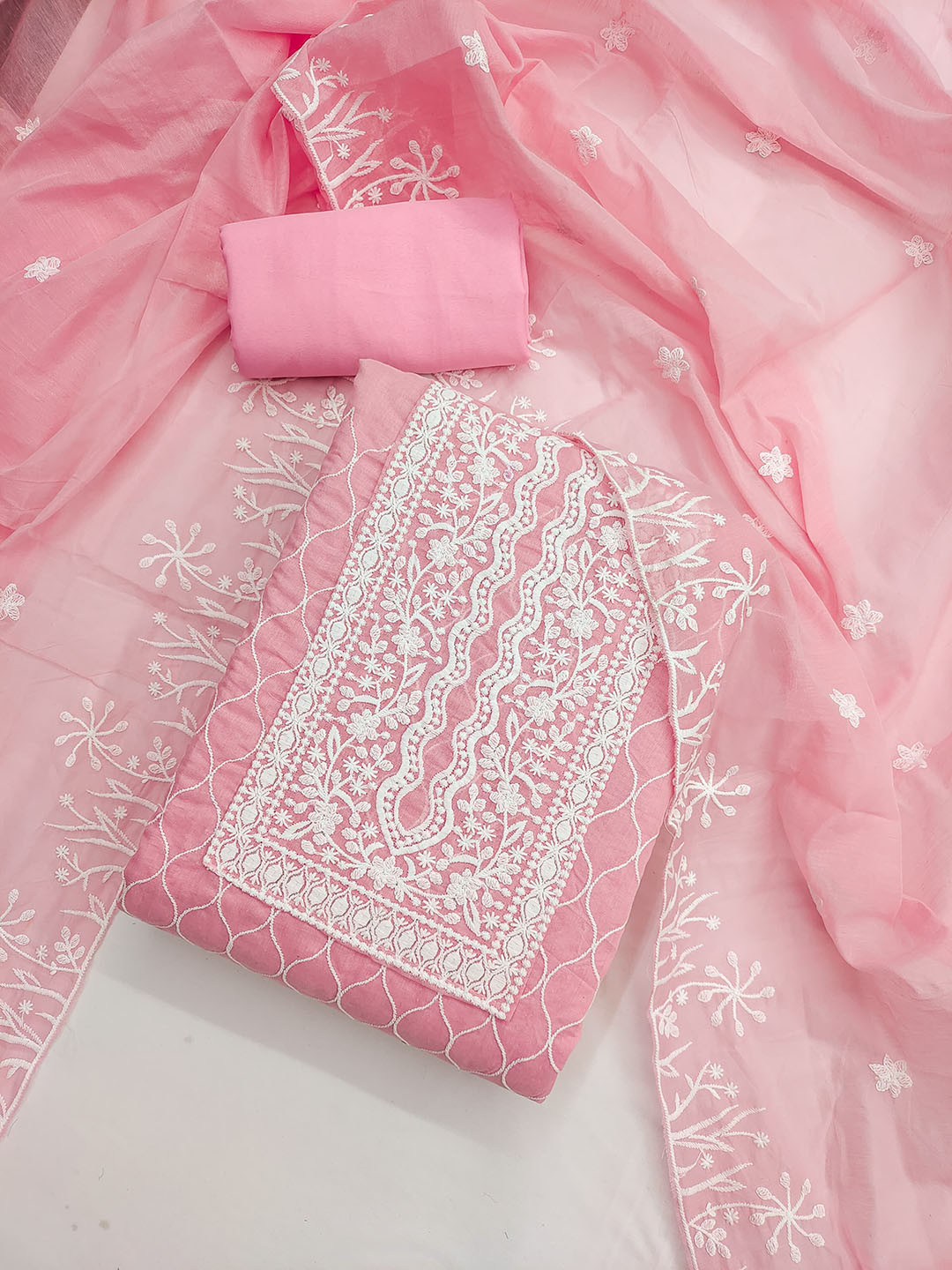 

Rangtulika Floral Embroidered Chanderi Silk Unstitched Dress Material, Pink