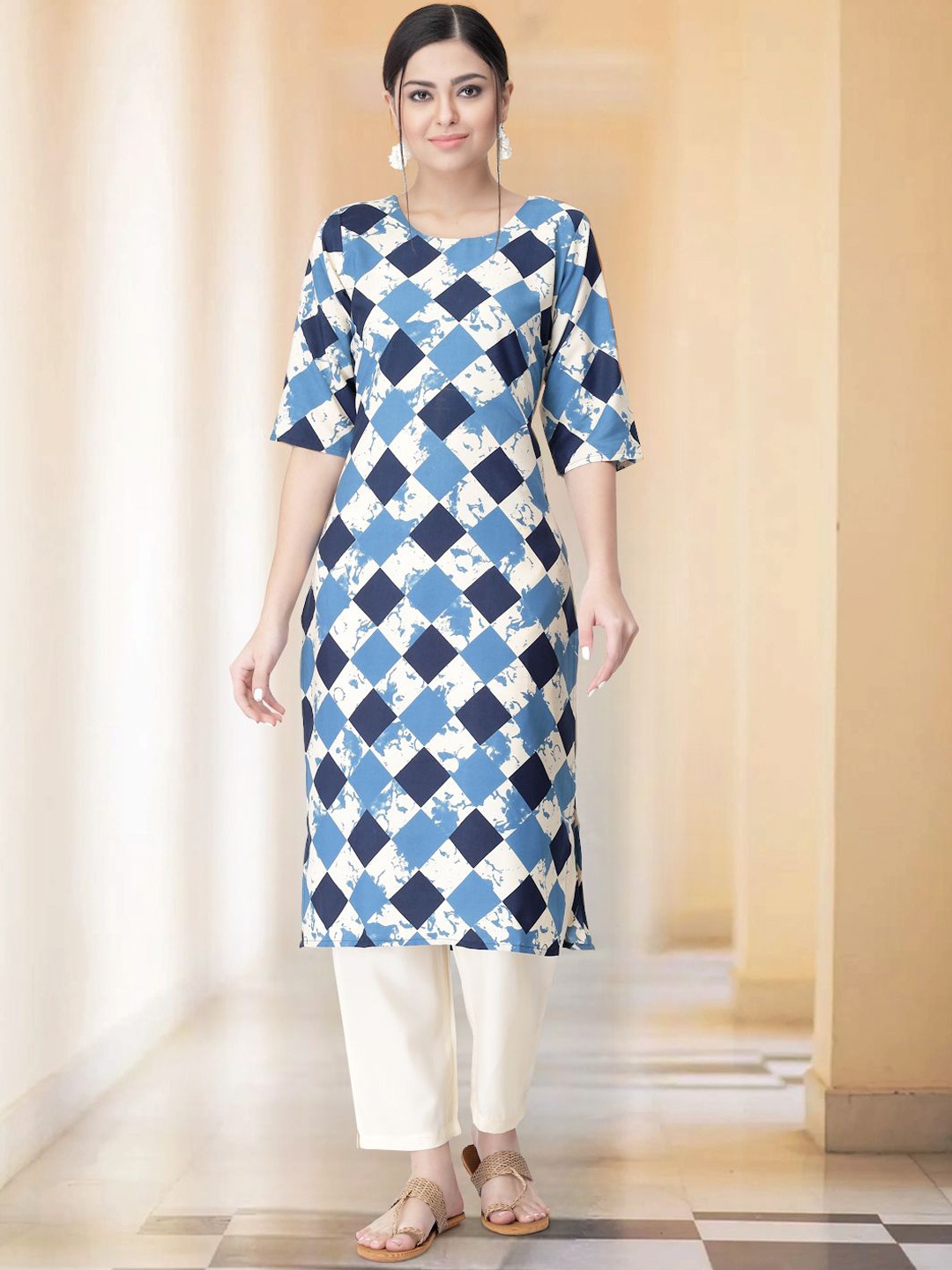 

Moda Rapido Geometric Printed Round Neck Straight Kurta With Trouser, Navy blue