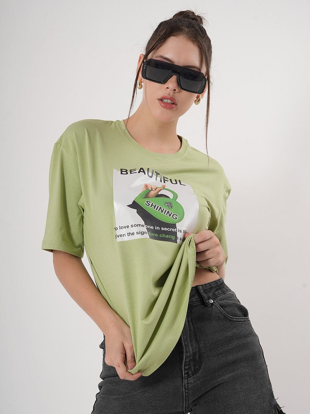 

clobug Women Typography Printed Pockets T-shirt, Olive
