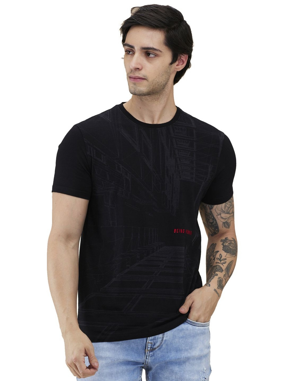 

Being Human Men Graphic Printed Round Neck Cotton Slim Fit T-shirt, Black